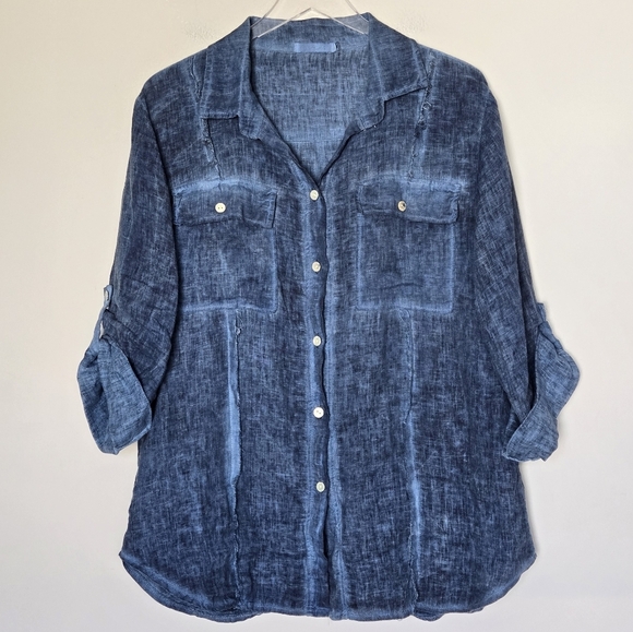 MILIO MILANO 100% Linen Roll Tab Sleeves Lagenlook Boho Blue Button-Up Shirt M - Picture 1 of 8